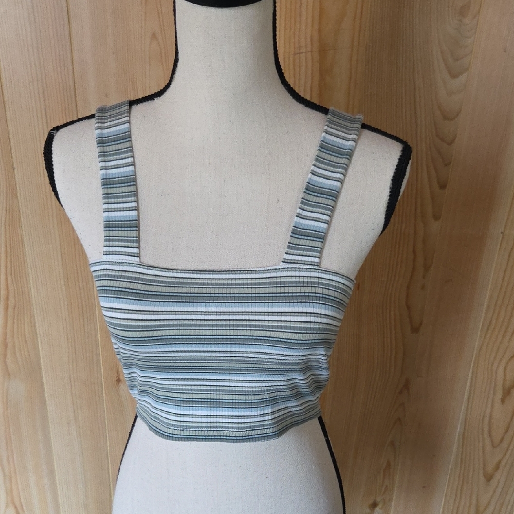 American Eagle Outfitters Striped Square-Neck Crop Top in Blue, White, and Gray